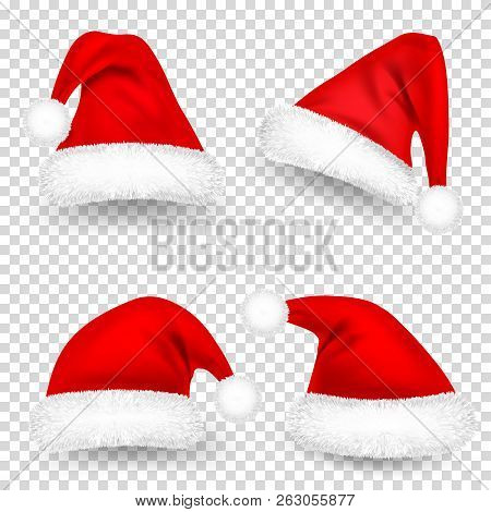 Christmas Santa Claus Hats With Fur And Shadow Set. New Year Red Hat Isolated On Transparent Backgro