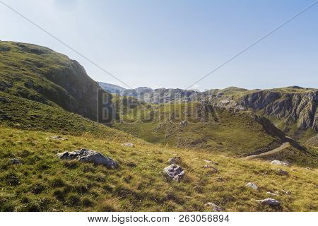 Beautiful Landscape In Montenegro With Fresh Grass And Beautiful Peaks. Durmitor National Park In Mo