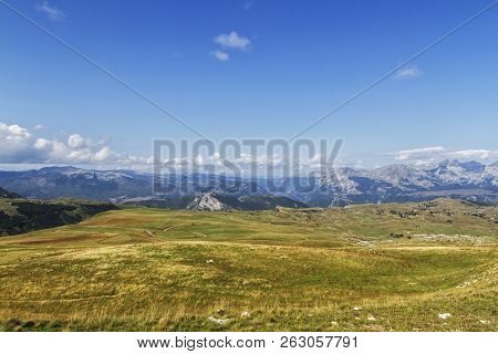 Beautiful Landscape In Montenegro With Fresh Grass And Beautiful Peaks. Durmitor National Park In Mo