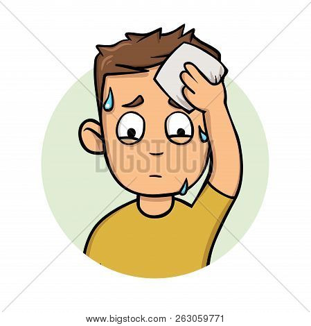 Young Sweating Man Wipes His Forehead. Flat Design Icon. Flat Vector Illustration. Isolated On White