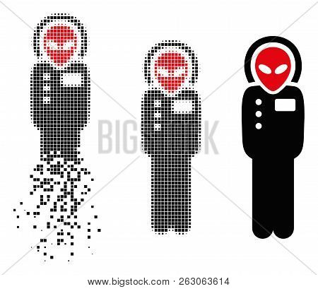 Alien Visitor Skafandr Icon In Dispersed, Dotted Halftone And Undamaged Entire Versions. Fragments A