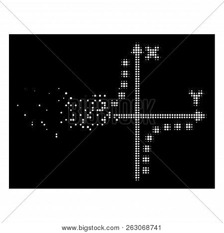 Hyperbola Plot Icon With Dissipated Effect On Black Background. White Fragments Are Grouped Into Vec