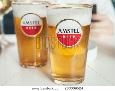Belgrade, Serbia - October 10, 2018: Logo Of Amstel Beer On A Glass Sponsored By The Brand. Amstel I