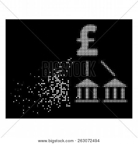 Pound Bank Association Icon With Disappearing Effect On Black Background. White Fragments Are Organi