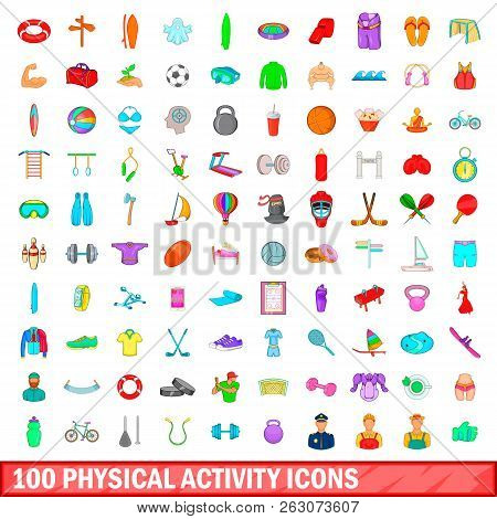 100 Phisical Activity Icons Set In Cartoon Style For Any Design Illustration