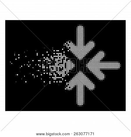 Quadro Collide Arrows Icon With Dissipated Effect On Black Background. White Circle Dots Are Grouped