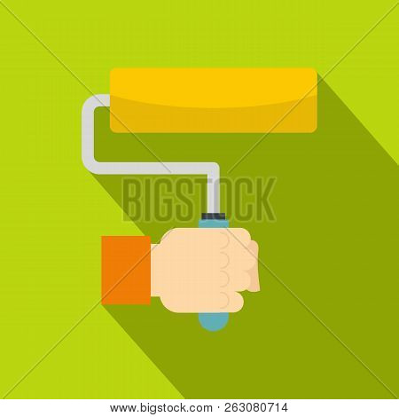 Hand Hoding Paint Roller Icon. Flat Illustration Of Hand Hoding Paint Roller Icon For Web On Lime Ba