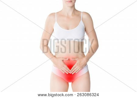 Woman With Menstrual Pain, Stomachache Isolated On White Background, Studio Shot