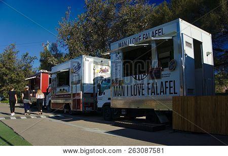 Frankston, Vic / Australia - Oct 13 2018: Food Trucks At Festival With Blue Sky Background