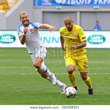 Lviv, Ukraine - September 9, 2018: Adam Nemec Of Slovakia (l) Fights For A Ball With Yaroslav Rakits