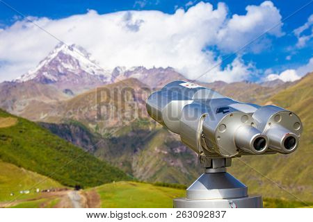 Binoscope Directed Towards The Snowy Mountain Tops Of Kazbeg From The View Point Gergeti Trinity Chu