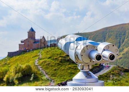View Point Binoscope Directed Towards To Gergeti Trinity Church Tsminda Sameba Holy Church Near The 