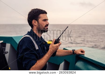 Marine Deck Officer Or Chief Mate On Deck Of Vessel Or Ship