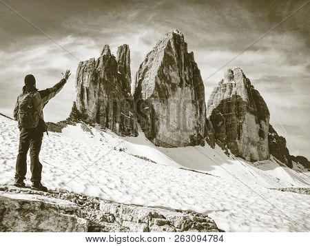 Tourist Walk Drei Zinnen Round Tour.  Tre Cime Di Lavaredo With Hiker Sextener Dolomiten Or Dolomiti