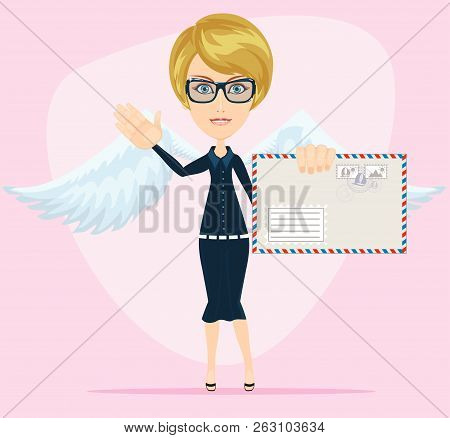 Young Woman As Love Angel With Love Letter. Stock Flat Vector Illustration.