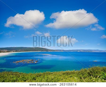 Aerial view of Finisterre langosteira beach in Galicia Spain