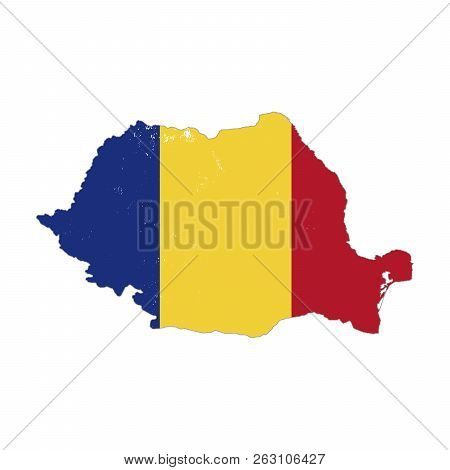 Romania Country Silhouette With Flag On Background, Isolated On White