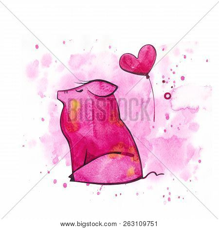 Funny Pig. Isolated On White. Cute Watercolor Illustration. Symbol Of The Year In The Chinese Calend