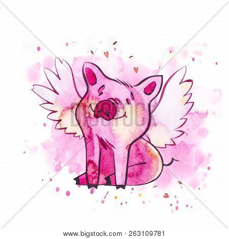 Funny Pig. Isolated On White. Cute Watercolor Illustration. Symbol Of The Year In The Chinese Calend