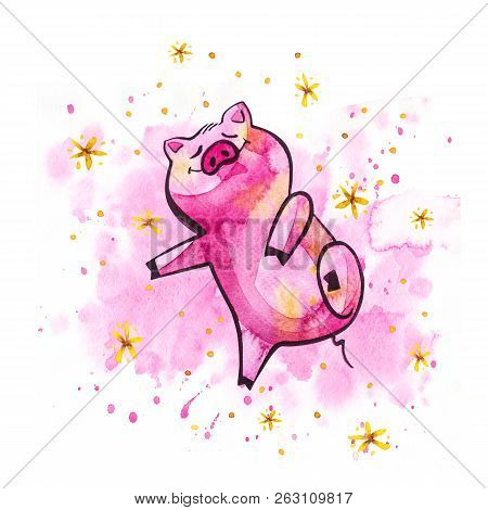 Funny Pig. Isolated On White. Cute Watercolor Illustration. Symbol Of The Year In The Chinese Calend