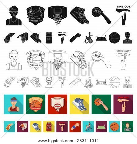Basketball And Attributes Flat Icons In Set Collection For Design.basketball Player And Equipment Ve