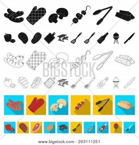 Barbecue And Equipment Flat Icons In Set Collection For Design. Picnic And Fried Food Vector Symbol 