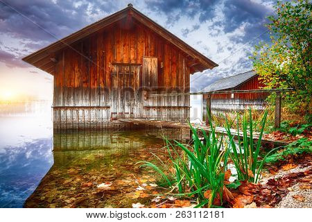 Misty And Sunny Morning On Altaussee Village. Sunny Autumn Scene In The Morning. Location: Resort Vi
