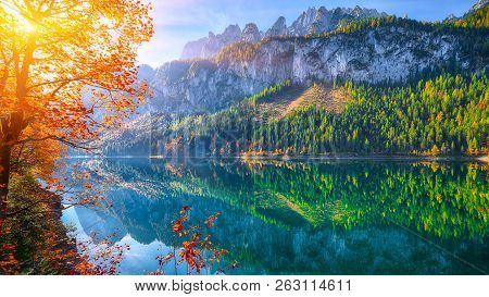 Beautiful View Of Idyllic Colorful Autumn Scenery With Dachstein Mountain Summit Reflecting In Cryst