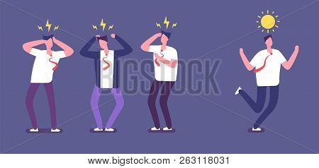 Run From Negative People. Happy Business Person Running Away Of Angry Toxic Coworkers. Unhappy Offic