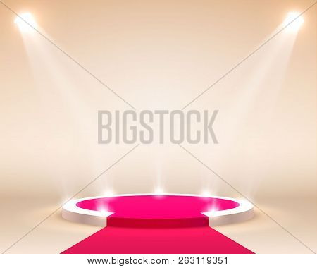Stage Podium With Lighting, Stage Podium Scene With For Award Ceremony On Orange Background, Vector 