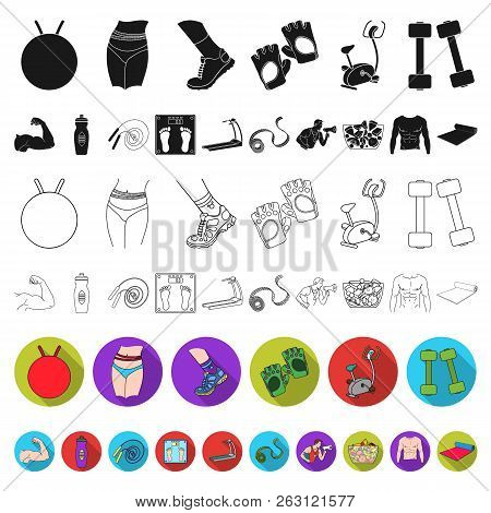 Fitness And Attributes Flat Icons In Set Collection For Design. Fitness Equipment Vector Symbol Stoc