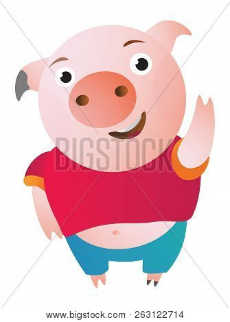 Cartoon Pig Says Hi, Waving And Shy.