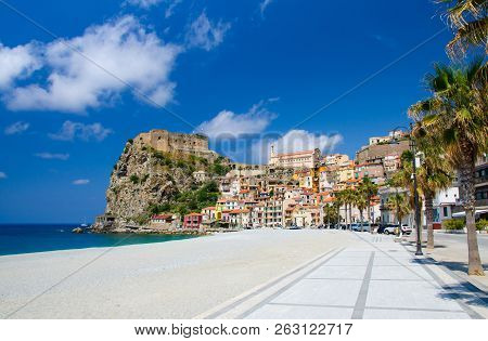 Beautiful Seaside Town Village Scilla With Old Medieval Castle On Rock Castello Ruffo, Colorful Trad
