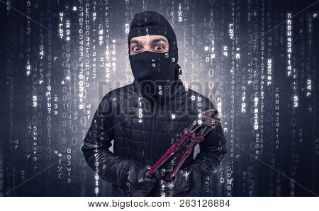 Burglar in action with encoded concept and his tools in his hand. 