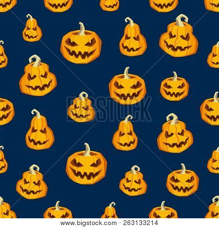Halloween Seamless Pattern. Vector Illustration Of Stylized Pumpkins On A Dark Blue Background For T