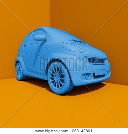 3d Small Modern Compact Car with Glossy Paint, Hi-Detailed Micro Car Template Mockup, Urban Electric Mini Car for Branding Corporate Identity Logo Design, Eco-Friendly Hi-Tech Vehicle, Small Vehicle