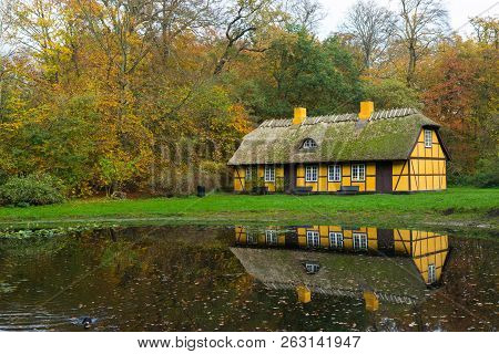 Old Timbered House In Charlottenlund, Denmark. Photo Taken In Public Park.