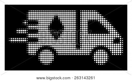 Halftone Pixel Express Ethereum Delivery Car Icon. White Pictogram With Pixel Geometric Structure On