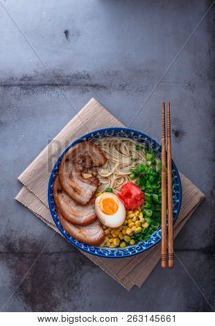 Delicious Tonkotsu Ramen, Pork Bone Broth Noodles, Copy Space