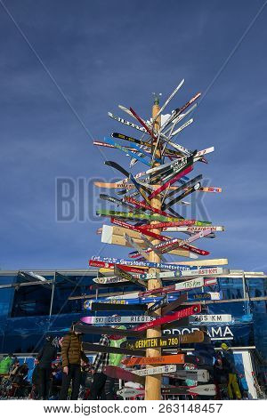 Ischgl, Austria - December 31, 2017: Post With Directions To The Ski Slopes In The Austrian Alps, Is