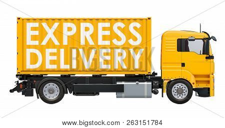 Express Delivery Concept. Container Truck With Express Delivery Inscription, 3d Rendering Isolated O