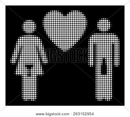 Halftone Pixel Drunky Love Pair Icon. White Pictogram With Pixel Geometric Structure On A Black Back
