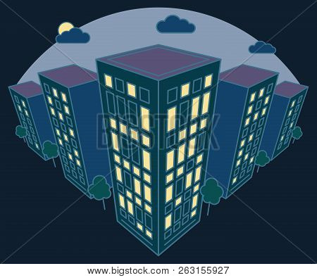 City Landscape View At Night, High Buildings With Lights In Windows, Clouds, Trees, Modern Residenti