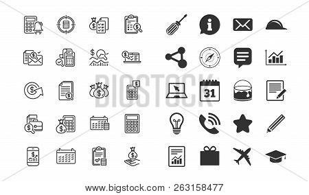 Accounting Line Icons. Set Of Calculation, Check Investment And Report Linear Icons. Calendar, Banki