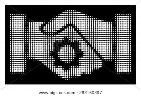 Halftone Pixelated Smart Contract Handshake Icon. White Pictogram With Pixelated Geometric Structure