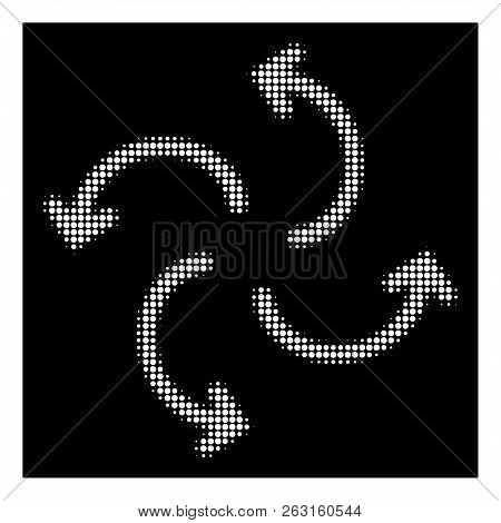 Halftone Pixelated Cyclone Arrows Icon. White Pictogram With Pixelated Geometric Pattern On A Black 