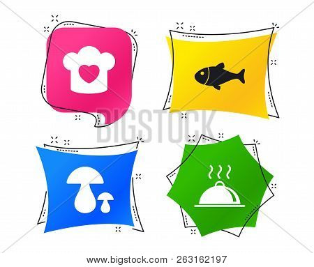 Chief Hat With Heart And Cooking Pan Icons. Fish And Boletus Mushrooms Signs. Hot Food Platter Servi