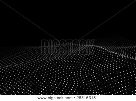 Abstract Wave Dots In Dark Background. Technology Vector Background. Big Data.
