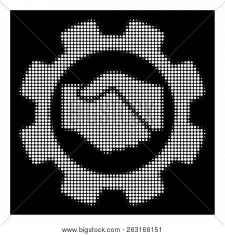 Halftone Dotted Smart Contract Setup Gear Icon. White Pictogram With Dotted Geometric Structure On A