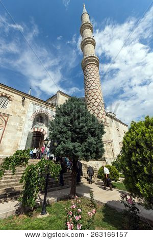 Edirne, Turkey - May 26, 2018:  Uc Serefeli Mosque Mosque In The Center Of City Of Edirne,  East Thr